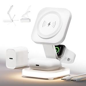 5-in-1 Magnetic Wireless Charging Stand for Apple MagSafe Charger with Night Light for iPhone 16/15/14/13/12, Watch, AirPods, Travel Magnetic Charger Nightstand Charging Station (Adapter Included)