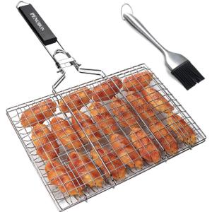 Fish Grilling Basket, Folding Portable Stainless Steel BBQ Grill Basket for Fish Vegetables Shrimp with Removable Handle, Comes with Basting Brush and Storage Bag (01)