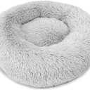 Dog & Cat Bed for Indoor Cats, 21.5 in Calming Donut Bed for Puppy and Kitten, Washable Round Fluffy Pet Bed for Small Medium Dogs and Cats Cotton Faux Fur, Anti-Slip Base (Light Grey)