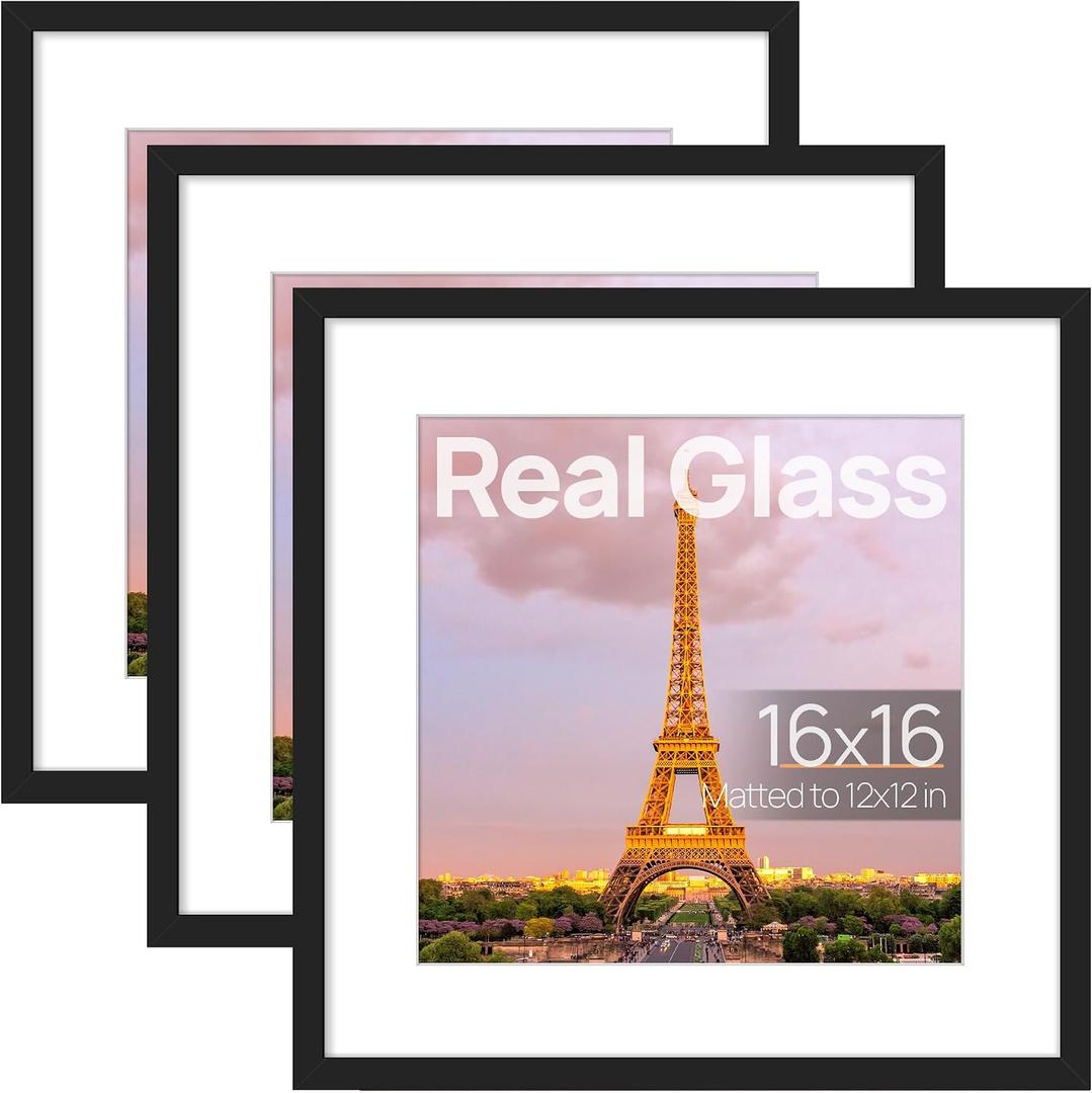 upsimples 16x16 Picture Frame Set of 3, Made of High Definition Glass for 12x12 with Mat or 16x16 Without Mat, Wall and Tabletop Display Photo Frames, Black