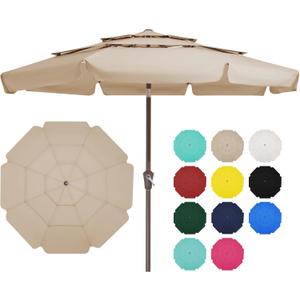JEAREY 3 Tiers 9 FT Patio Umbrellas Outdoor Table Umbrella with Push Button Market Umbrella 8 Sturdy Ribs UV Protection Waterproof for Garden,Deck,Backyard,Beige
