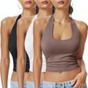 3 Pack Women Halter Tank Tops Backless Scoop Neck Summer Going Out Tops Crop Sleeveless Workout Shirts Y2k Clothes (Small, Black/White/Brown)
