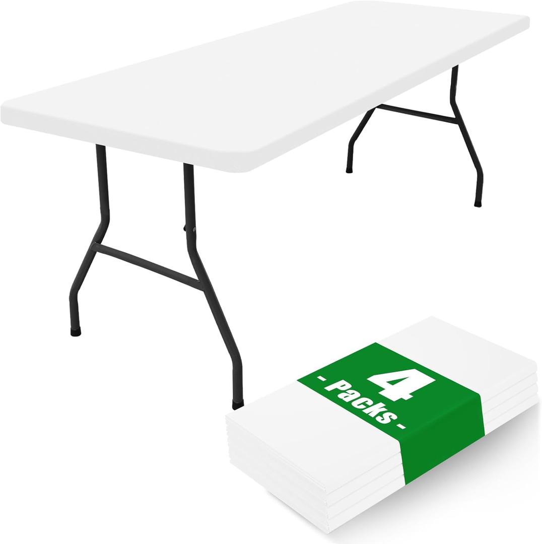 Moosfor Spandex 6 Foot Rectangle Table Cloth 4 Pack, Elastic Fitted Tablecloths for Picnic, Stretch Washable Patio Table Cover for Outdoor, Camping, Banquet and Parties (White, 30"x72")