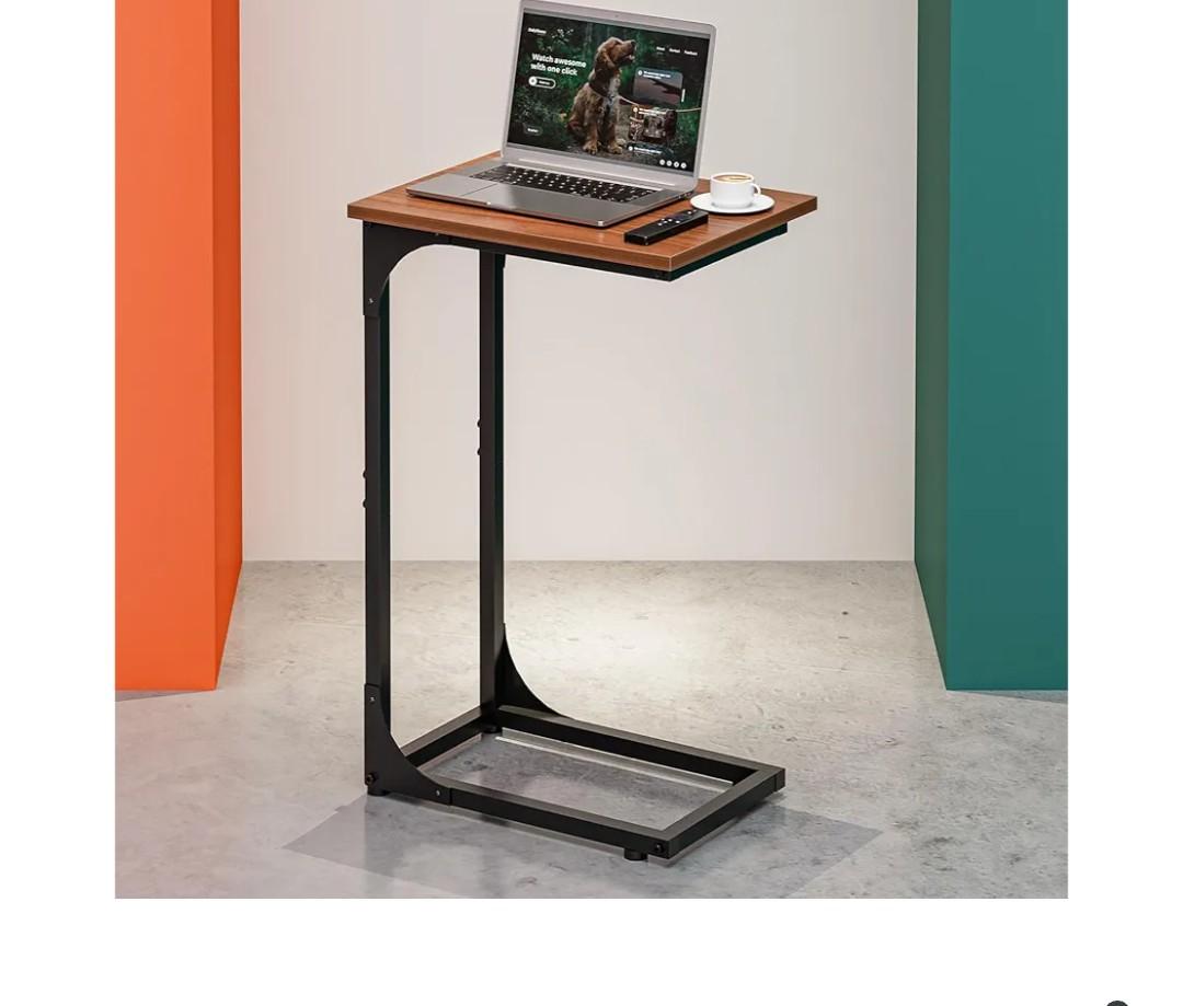 RISWER C-Shaped Side Table for Couch - Small Coffee Stand Sofa Tray Desk with Metal Frame and Waterproof Scratch Resistant, Modern End Accent for Living Room, Bedroom, Small Spaces, Rustic Walnut