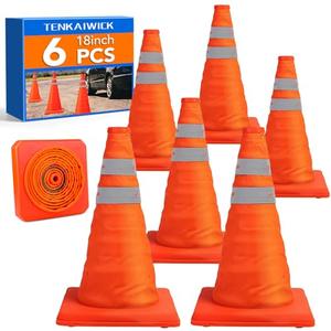 TENKAIWICK 18 Inch 6 Pack Traffic Cones,Collapsible Safety Cones,Multi Purpose Pop-up Cones with Reflective Collar,Orange Cones for Parking lot, Driveway, Driving Training etc