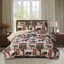 Rustic Lodge Quilt Set King Size Country Cabin Bedspread Coverlet King Moose Bear Reversible Patchwork Quilts Bedding Soft Lightweight Coverlets Forest Bear Farmhouse Bed Cover Sets with 2 Pillow Sham (Chestnut Red)