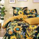 Wake In Cloud - Boho Comforter Set, Floral Farmhouse Bohemian Chic Style with Colorful Sunflowers and Birds Pattern, Soft Lightweight Bedding, 3 Pieces, Amber Black, Queen Size