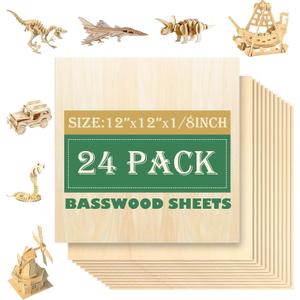 24 Pack 12"x12"Basswood Sheets 1/8",3mm Basswood for Laser Cutting,3mm Plywood Unfinished Wood Craft Wood for DIY Ornaments and Models Drawing Painting Engraving Wood Burning and Laser Cutting