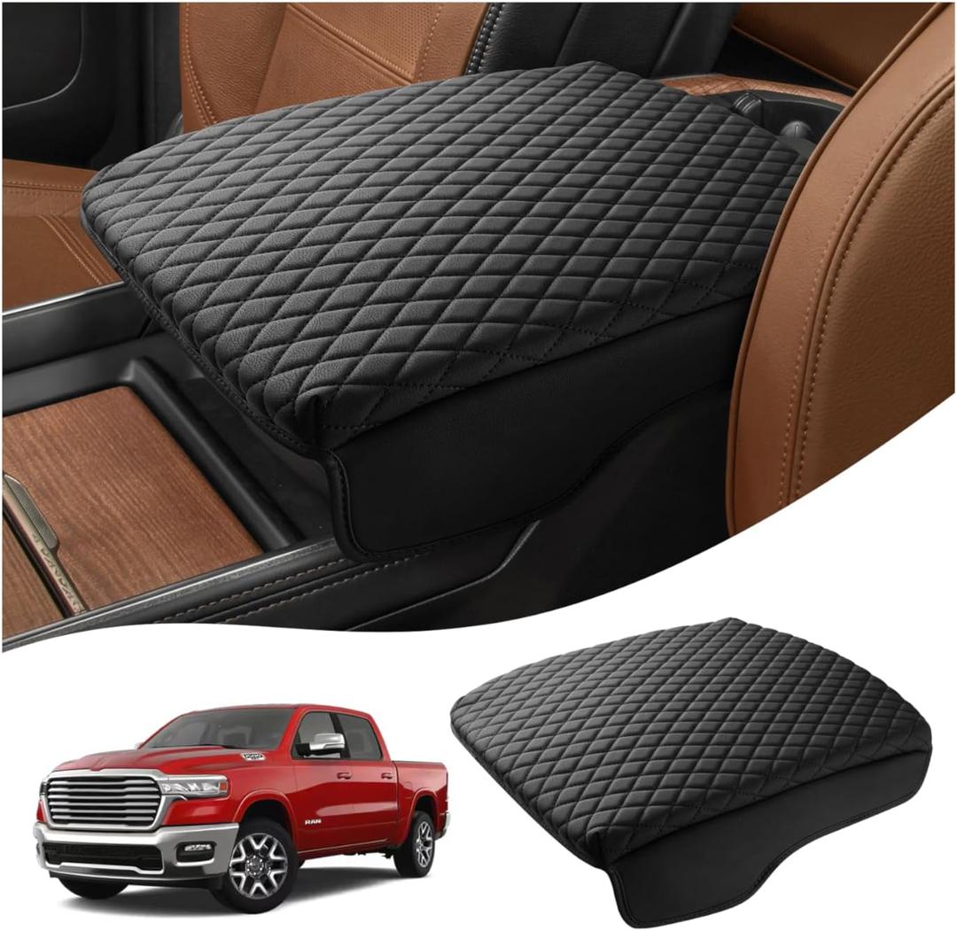 Shademax Center Console Cover for Dodge Ram 1500 2026 2025-2019, Armrest Cushion Pad Cover for 5th Ram 1500 2500 3500 Accessories Arm Rest Cushion Leather Bucket Seat Console Protector Anti-Scratch