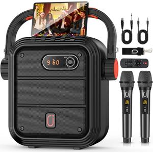 JYX Karaoke Machine with 2 Wireless Microphones, Portable Bluetooth Speaker PA System with Shoulder Strap, Subwoofer Support TWS, USB, Radio, AUX, REC, Bass&Treble for Home Party/Meeting/Adults/Kids (Black)