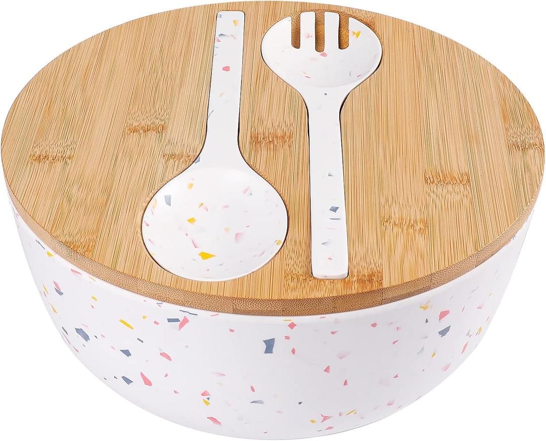 ECOWAY Melamine Salad Bowl with Bamboo Lid & Servers, Bamboo Fiber Salad Serving Bowl 4Qt, Salad Mixing Utensils with Tongs Spoon for Salad, Fruit, Soup, Vegetables, Pasta, Dessert Bowls, 9.84 Inches