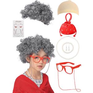100 Days of School Costume for Girls Old Lady Costume for Kids Grandma Wig Glasses Chain Necklace Bracelet Grandma Dress up Cosplay Accessories Set(Red)