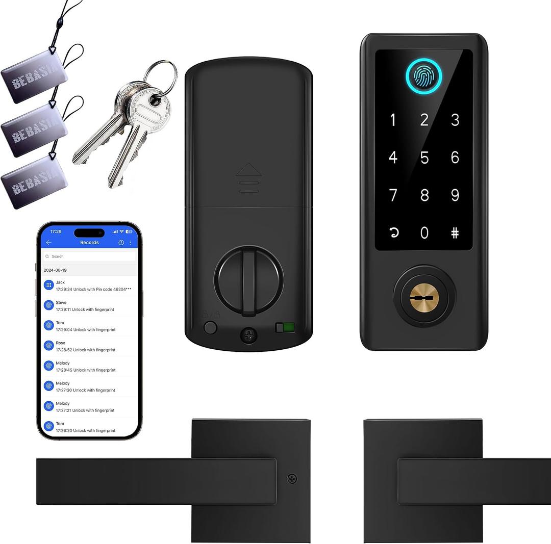 BEBASIA Smart Fingerprint Door Lock with Handle Set, Full App Control, Electronic Digital Touchscreen Keypad, Deadbolt Smart Locks for Front Door, Auto Lock, Black