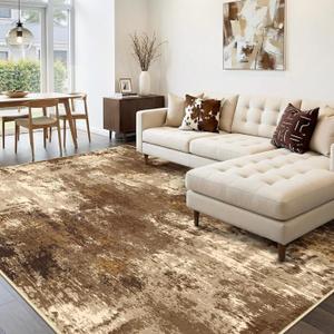 Washable Area Rugs 8'x10' Non-Slip Modern Abstract Soft for Living Room Entryway Bedroom Nursery, Print Pattern, Brown Tan Beige Coffee