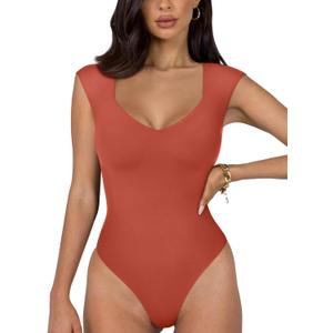 REORIA Butsmooth Women's Trendy Sexy Casual V Neck Double Lined Sleeveless Slimming Going Out Tank Top Bodysuits (Medium)