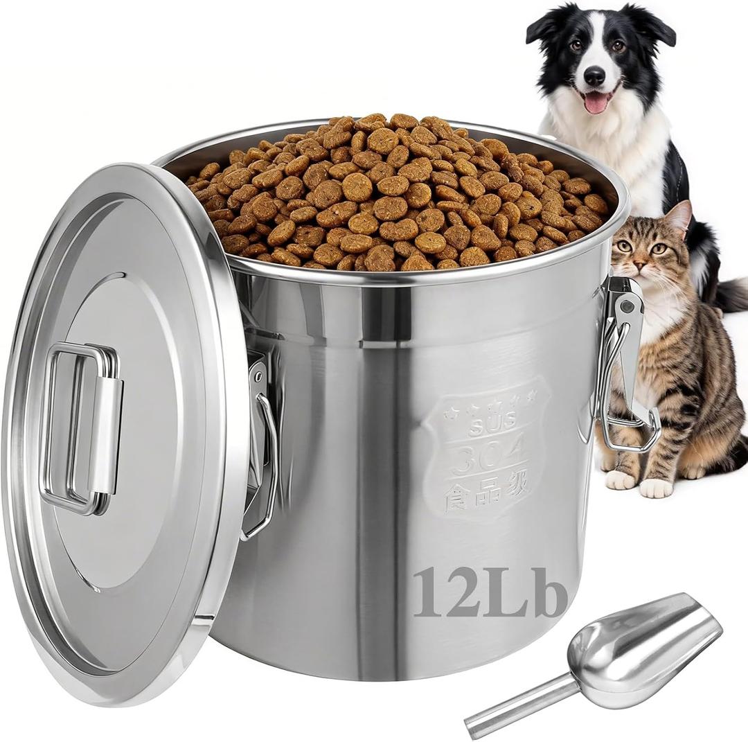 304 Stainless Steel Dog Food Storage Containers with Scoop, Fits up to 12Lbs, Large Pet Food Storage Container with Airtight Lid and Locking Clamp Metal Pet Food Bin for Dogs and Cats, Keep Fresh