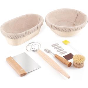 Bread Proofing Baskets Set of 2, 10 inch Oval & 8.5 inch Round Dough Proofing Bowls w/Liners Perfect for Sourdough Bread Baking, Bakers Baking, Gifts for Bakers, Bread Making Kit