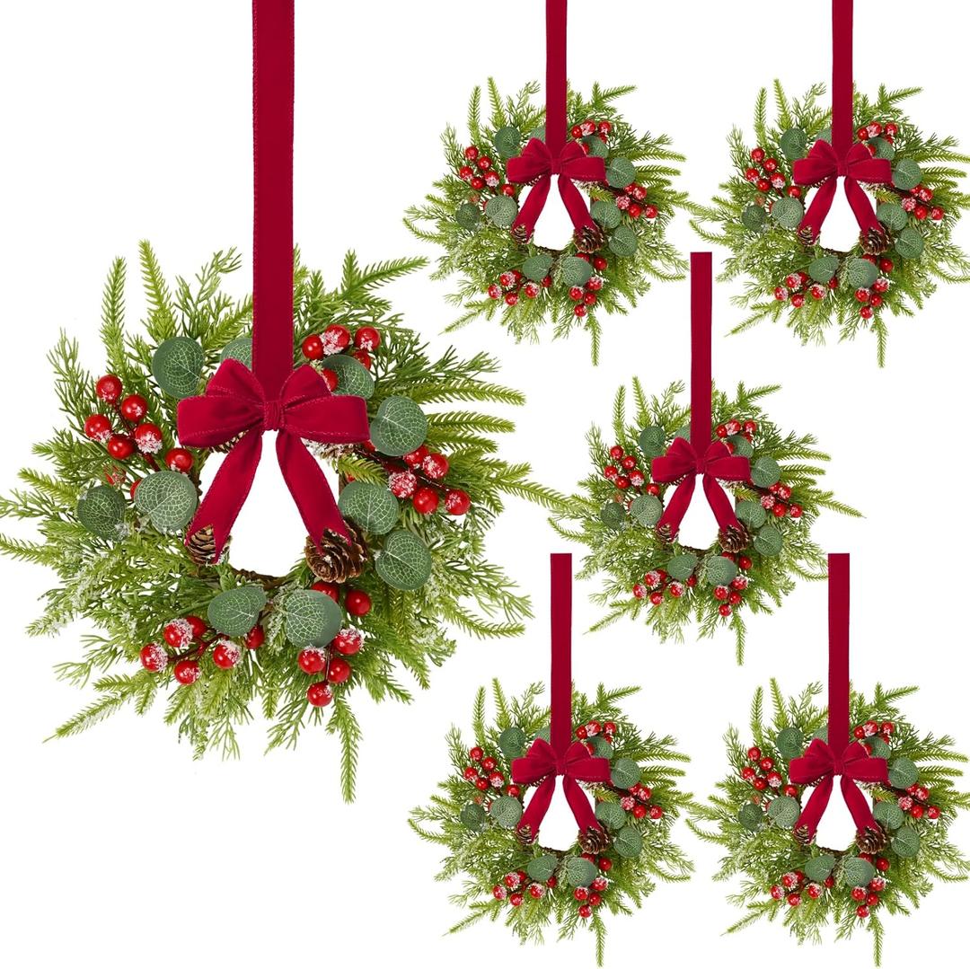 Waipfaru 6 Pcs Small Christmas Wreath, Mini Wreaths for Cabinets, Christmas Wreaths for Windows Kitchen Front Door Candle Rings Fireplaces Table Centerpiece Indoor Outdoor Decorations (Green)