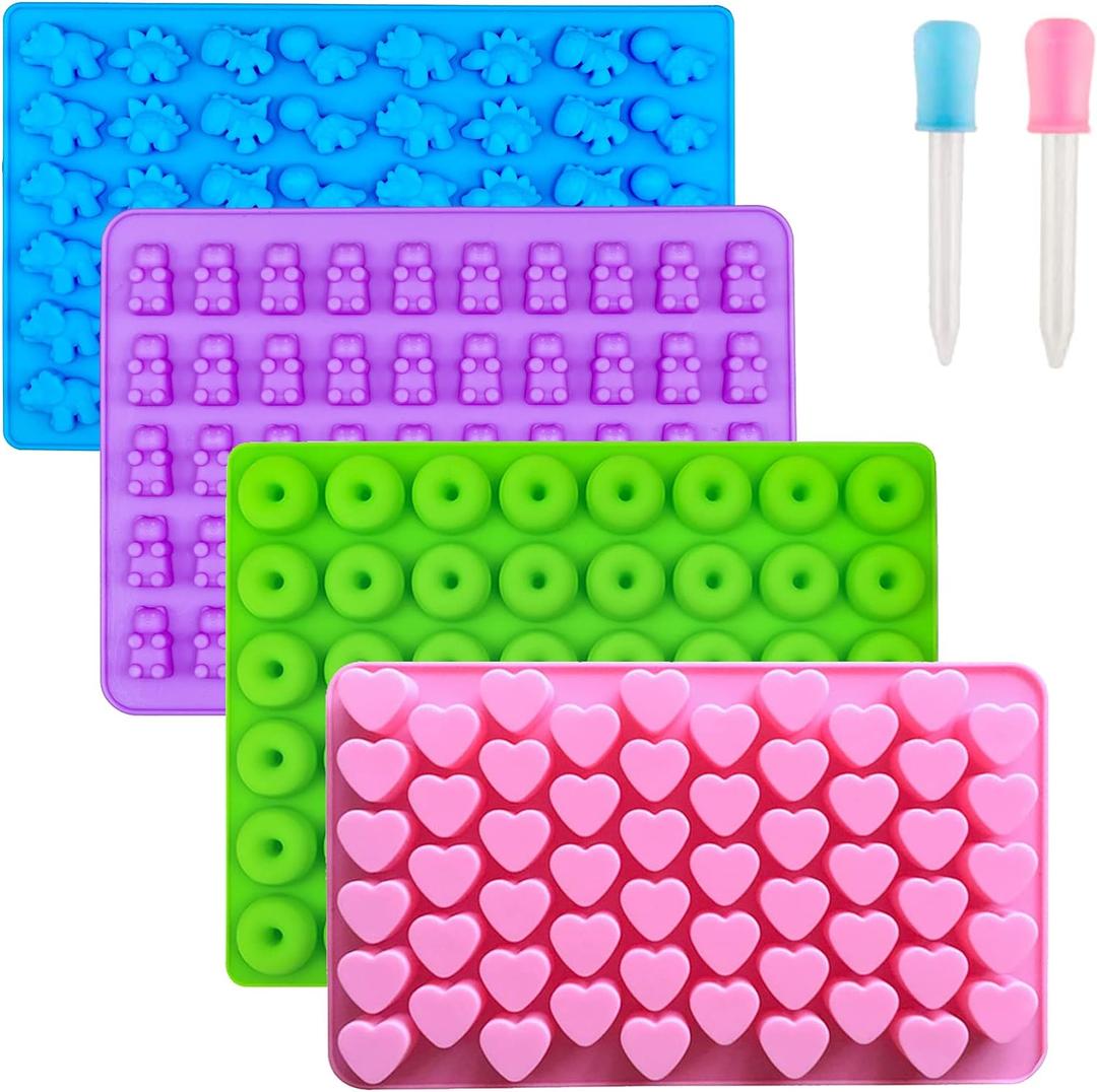 Gummy Bear Candy Molds Silicone, Gummy Molds with 2 Droppers, Non-Stick Silicone Candy Molds Including Mini Dinosaur, Bear Shape, Hearts and Mini Donut, Set of 4