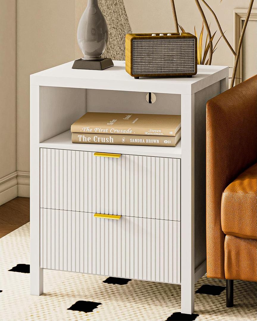 Night Stand with Charging Station, 2 Drawers Modern Bedside Tables with Storage, Fluted Nightstand for Bedroom and Living Room(White), 19.6" W x 14.9" L x 25.5" H