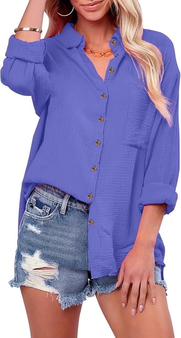 siliteelon Womens Button Down Shirts Cotton Long Sleeve Oversized Boyfriend Blouses Collared Dress Tops with Pockets - Purple M 