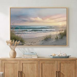 Framed Coastal Beach Sunset Landscape Wall Art for Living Room, 24x36 In