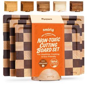 SMIRLY Wood Cutting Boards for Kitchen Wooden Chopping Board Set Reversible with Deep Juice Grooves Grip Handles, Large Charcuterie Tray for Home Kitchen, Rubber Wood, 3Pcs with Holder, 3 Pack With Holder