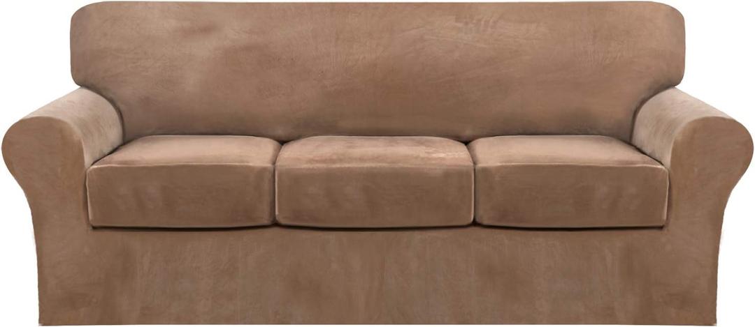 FantasDecor 4 Piece Sofa Velvet Couch Covers for 3 Cushion Stretch Slipcover with Individual Seat Cushion Elastic Furniture Protector for Pets, Machine Washable (Sofa, Luggage)