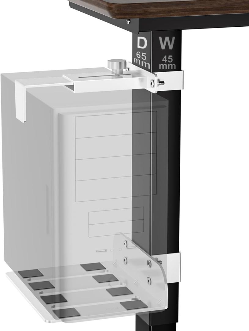 Under Desk PC Mount - No Drilling 50lb Capacity, Computer Holder Under Table, Adjustable Height and Width, Clamp-on Leg PC Mount for Standing Desks(Fits 65mm×45mm Legs only), with Non-Slip Pads, White
