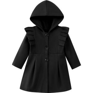 Toddler Baby Girl Clothes Jacket Coat Long Sleeve Solid Color Buttons Hooded Trench Coat Dress Fall Winter Outfit (1-2T, Black)