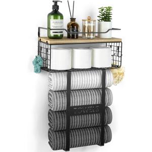 Towel Racks for Bathroom Wall Mounted - Bath Wall Towel Holder Set Above Toilet Storage, Rolled Towel Shelf Organizer for Small Bathroom, Wood Vertical Towel Rack for Bathroom Wall Decor