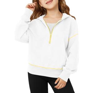 Girls Half Zip Hoodies Kids Fashion Long Sleeve Drop Shoulder Hooded Sweatshirt Pullover 5-14 Years White