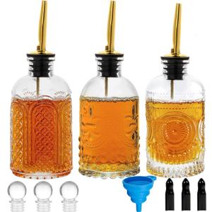 Syrup Dispenser Bottles Set of 3, Simple Syrup Bottle for Coffee Bar Accessories,7 oz Glass Coffee Syrup Containers for Maple Honey Syrup Oil, with Metal Pour Spouts, Stoppers,Condiments Dispenser (Gold)