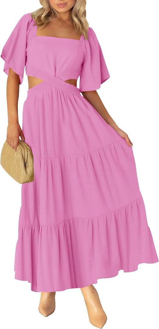 LEANI Women's 2025 Summer Cutout Maxi Dress Square Neck Short Sleeve Crossover Waist Casual Party Dresses (Pink, M)