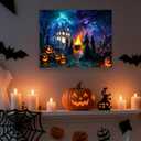 Artiluxy Halloween LED Wall Art 20x16 Inch-Haunted Home Gift, Lighted Canvas Decor with Pumpkin Haunted House Witch & Skull, Battery Powered with Timer, Spooky Indoor Decor for Halloween Party, 16x20in