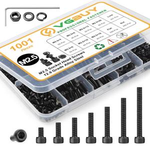 1001Pcs M2.5 Screws Kit,Black M2.5 Screws (7 Sizes 4-20mm),Hex Socket Head Cap Small Metric Bolts Nuts Assortment,12.9 Grade Alloy Steel,Black Oxide, 4/6/8/10/12/16/20mm