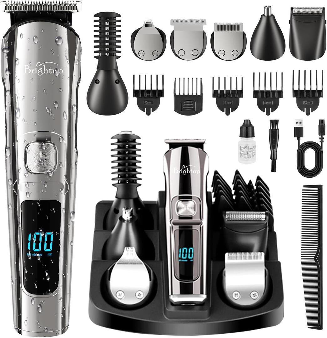 Brightup Beard Trimmer for Men - Electric Razor & Shaver, Cordless Hair Clippers Trimmers Set, IPX7 Waterproof Mens Grooming Kit for Shaving Face, Mustache, Body, Ear, Nose Hair Trimmer, Gifts for Men (Black)