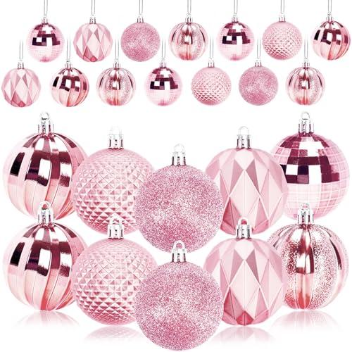 JULMELON 24PCS Large Christmas Balls Ornaments,60mm/2.4 in Shatterproof Plastic Decorative Xmas Tree Ornaments, Assorted Christmas Ball Ornaments for Wedding Mothers Day Party Decorations (Pink)