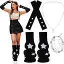 4 Pcs Y2k Star Leg Warmers for Girls Arm Warmers Streetwear Set Include Star Necklace Silver Bracelet Y2k Accessories Kawaii Gyaru Aesthetic Harajuku Jewelry Accessories for Girl Women (Black)