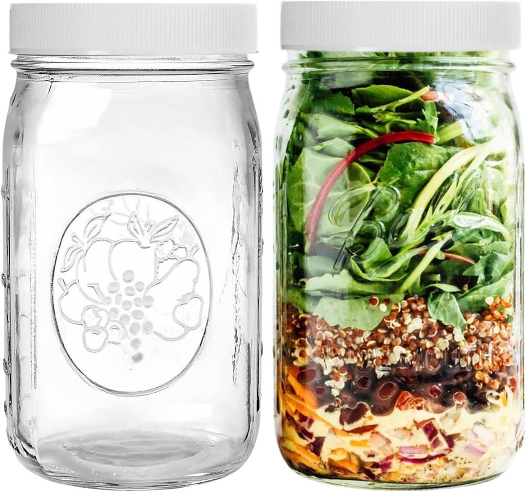 Wide Mouth Mason Jars 32 oz  2 Pack Quart Size Jars with Airtight Lids and Bands & White Plastic Lid, Ideal for Meal Prep, Canning, Fermenting and DIY Projects, Microwave & Dishwasher Safe.