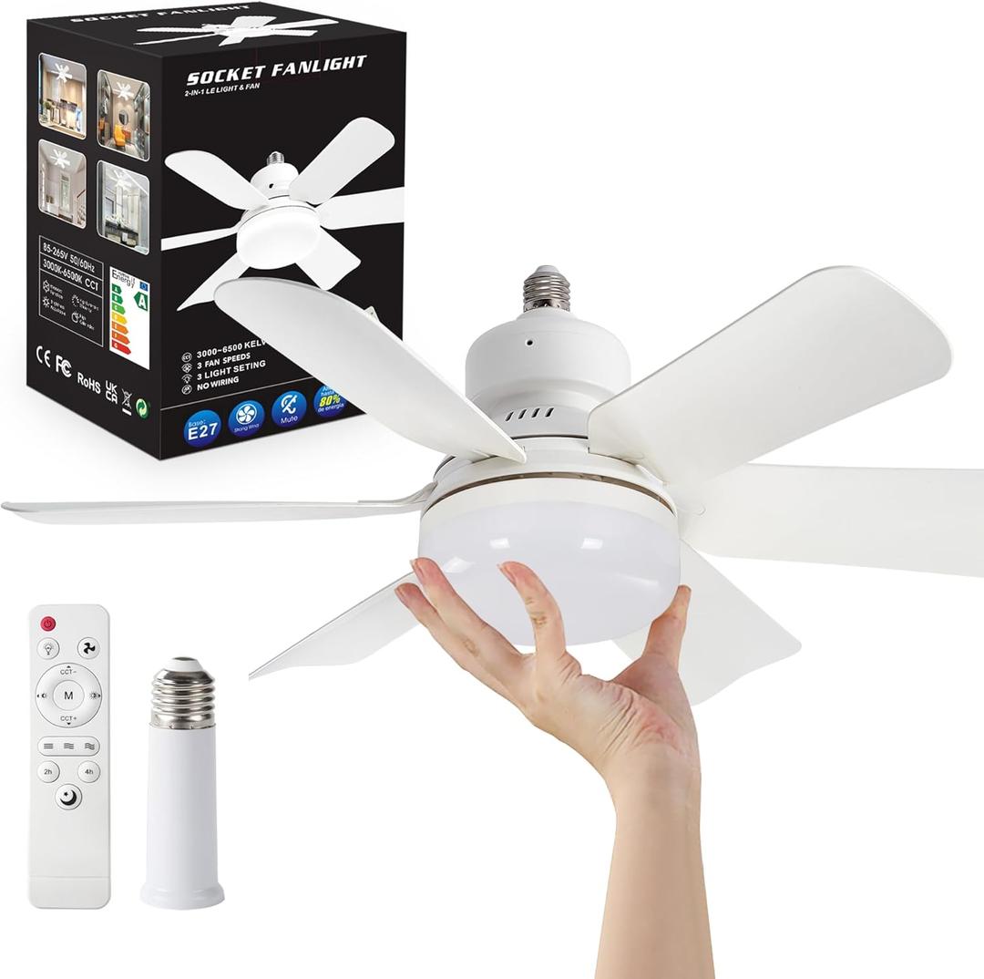 Socket Fan Light Original-Warm,Natural,Cool LED 20'' Screw in Ceiling Fans with Lights and Remote Control,Replacement for Lightbulb-Bedroom,Kitchen,Bathroom 2000L, Temperature can Change