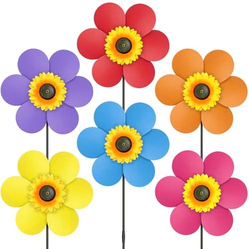 DECEED 6PCS Sunflower Wind Spinners with Stakes 14" W x 29" H Wind Spinners Lawn Pinwheel Rainbow Windmill Outdoor Pinwheels for Yard Decoration (Multicolor）