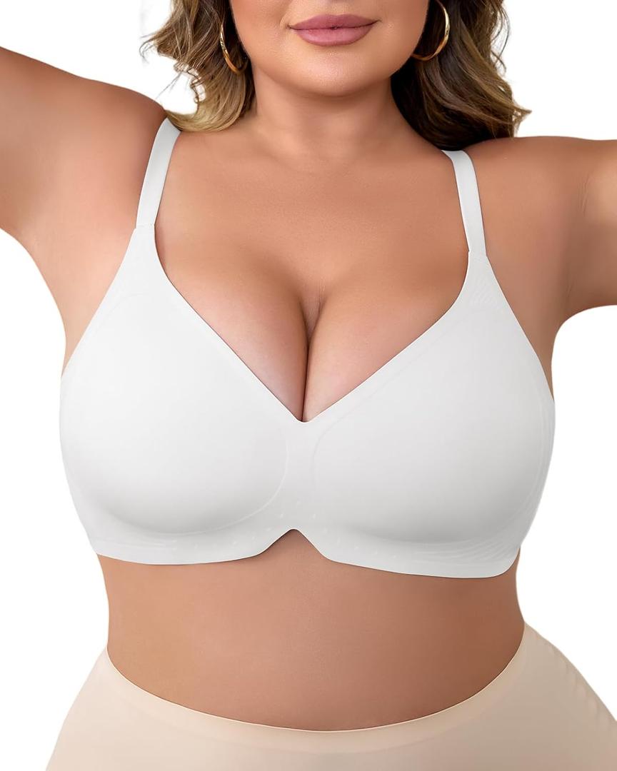 Plus Size V-Neck Wireless Bras for Women Seamless Everyday Bras U-Back Design W-Shaped Jelly Support Barlette 4XL White (White, XXXL)