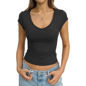 Eachyes Womens V Neck Cap Sleeve Shirts Sexy Fitted Crop Tops Cute Basic Tees Y2k Outfits Going Out Summer Clothes 2026 (Black, L)