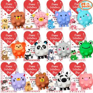 24PCS Valentines Day Cards for Kids School Classroom with 3D Animal Pop Suction Toys Valentine Day Exchange Gifts Bulk Fidget Toys for Toddlers Boys Girls Valentine's Party Favors Goodie Bag Stuffers
