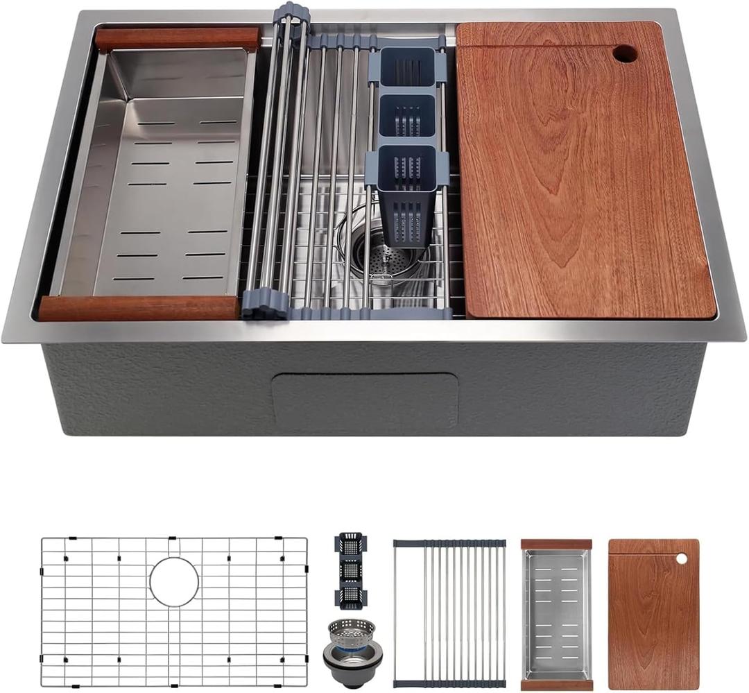 30in Undermount Workstations Kitchen Sinks - Single Bowl 11 Gauge Stainless Steel Sink 10inch Deep Workstation Sink with Cutting Board and Accessories