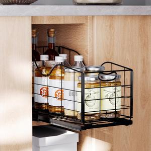 Narrow Cabinet Organizer,Carbon Steel Pull Out Cabinet Organizer,Fixed Heavy Duty Kitchen Cabinet Slide Out Shelves for Storing and Organizing Bathrooms, Kitchens, Bedroom (Black, Deep 16.7")