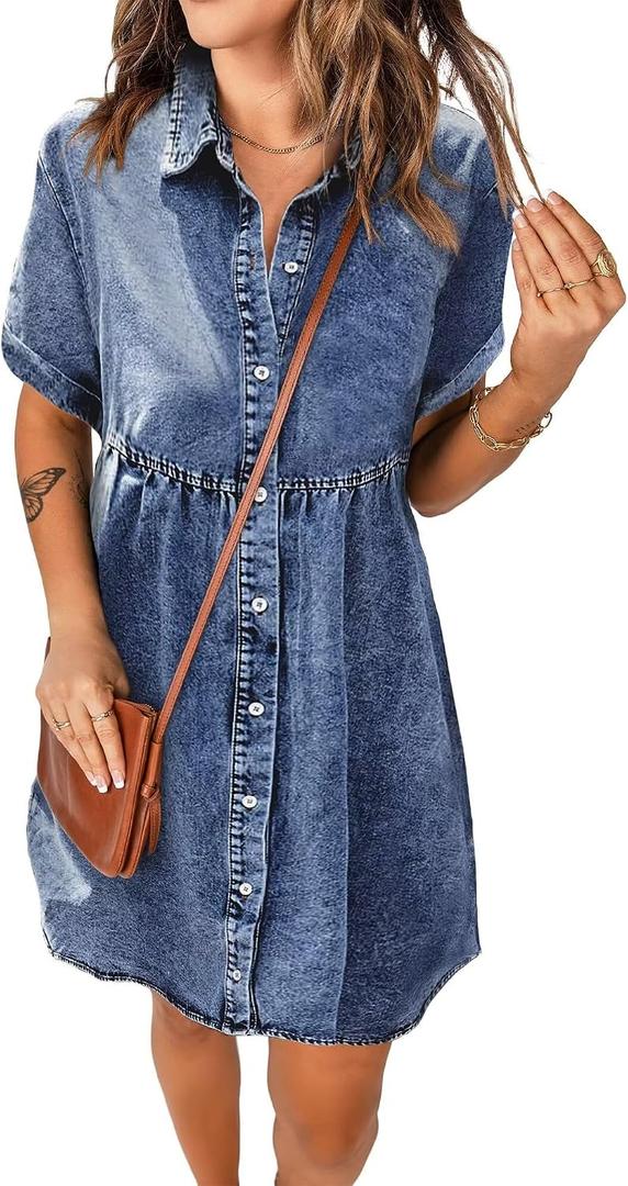 Women's Denim Dress for Women Cute Blue Babydoll Denim Shirt Dress Denim Dress with Pockets