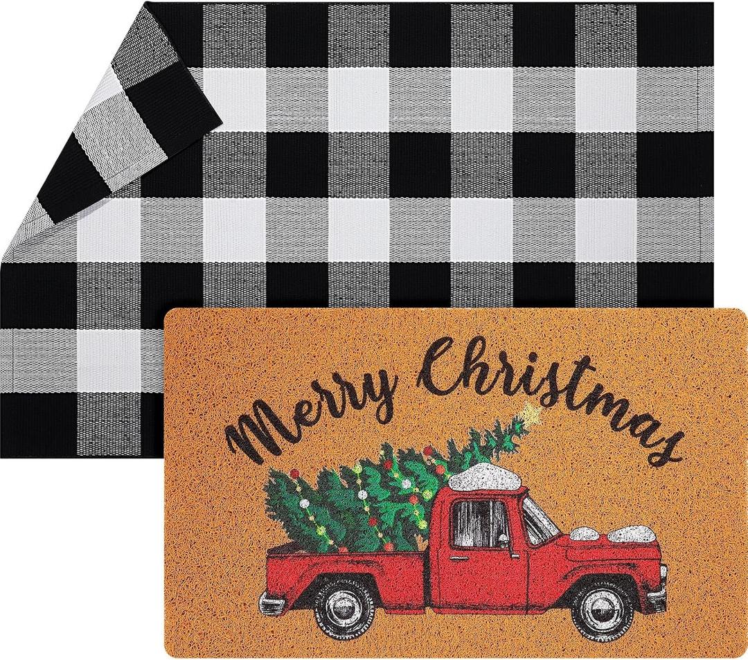 Geelin 2 Pcs Christmas Door Mat Xmas Front Doormat Black and White Buffalo Checkered Rug Decorative Christmas Tree Imitation Coir Welcome Floor Mat Layering Rug for Front Door(Red Truck)