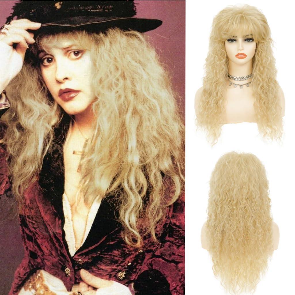 Blonde Long Curly 80s 70s Rocker Punk Wigs for Women with Bangs Mullet Wavy Wig Cosplay Halloween Disco Party wig